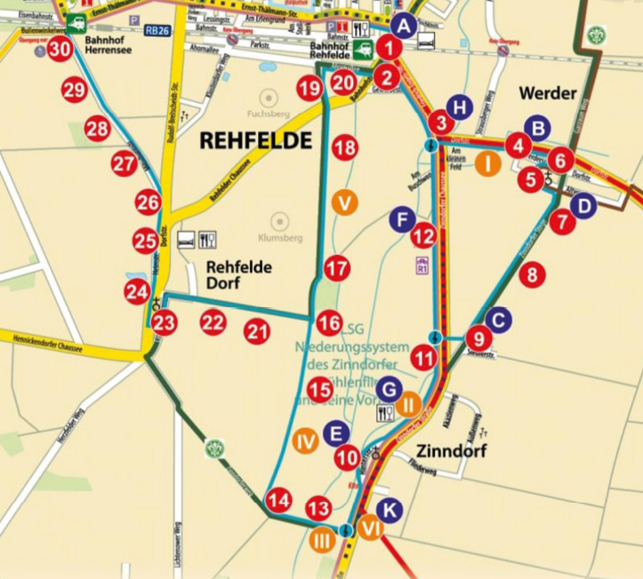 Übersichtskarte des Rehfelder Liederweges mit Werder, Zinndorf und Rehfelde