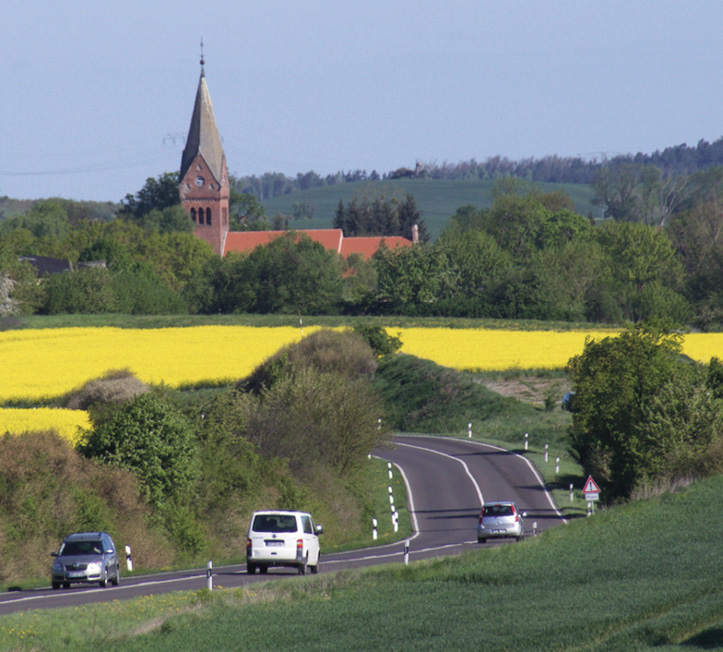 Dorfkirche Parstein hinter blühenden Feldern